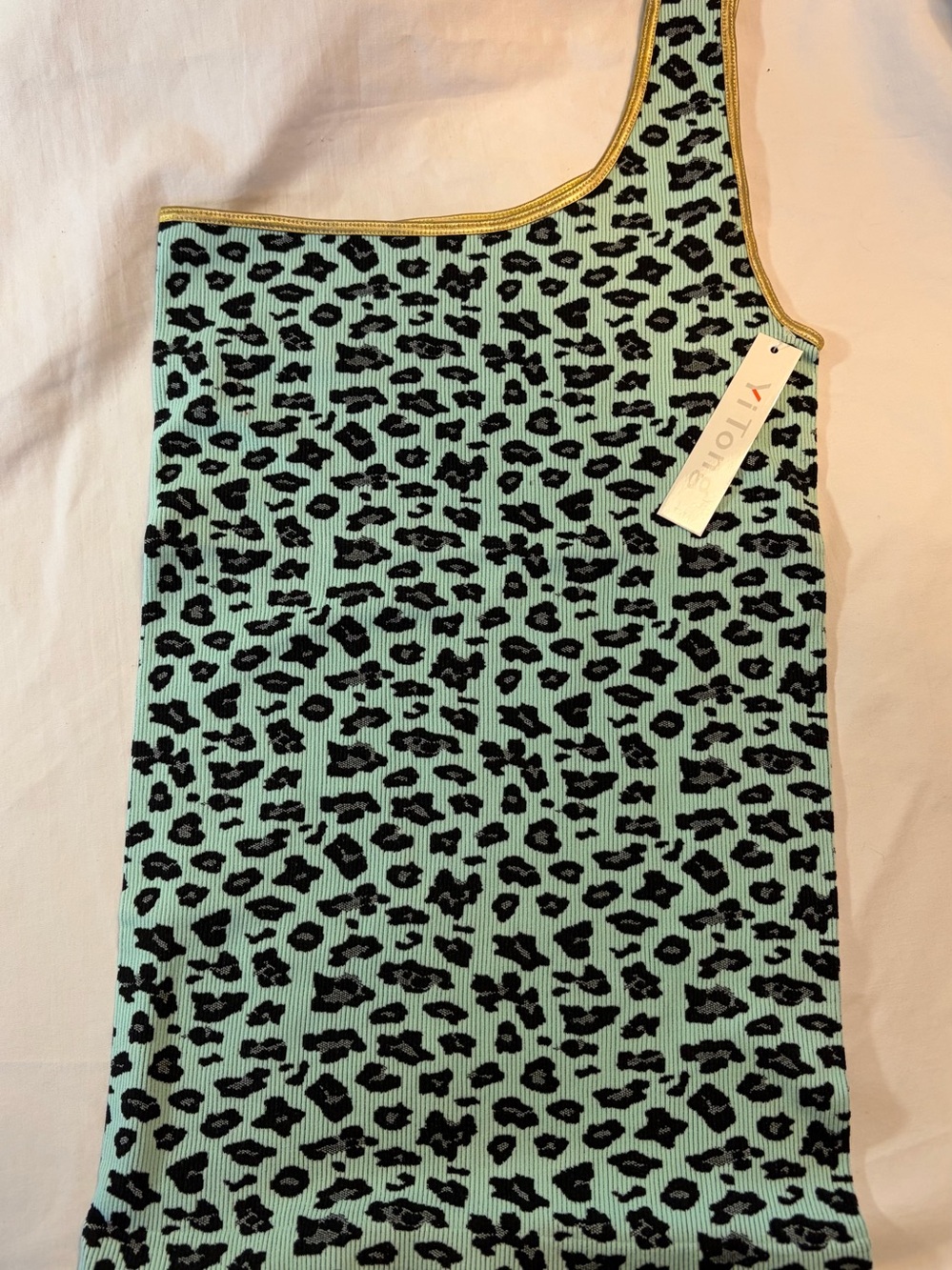 One-Shoulder Mint Leopard Tank with Gold Trim